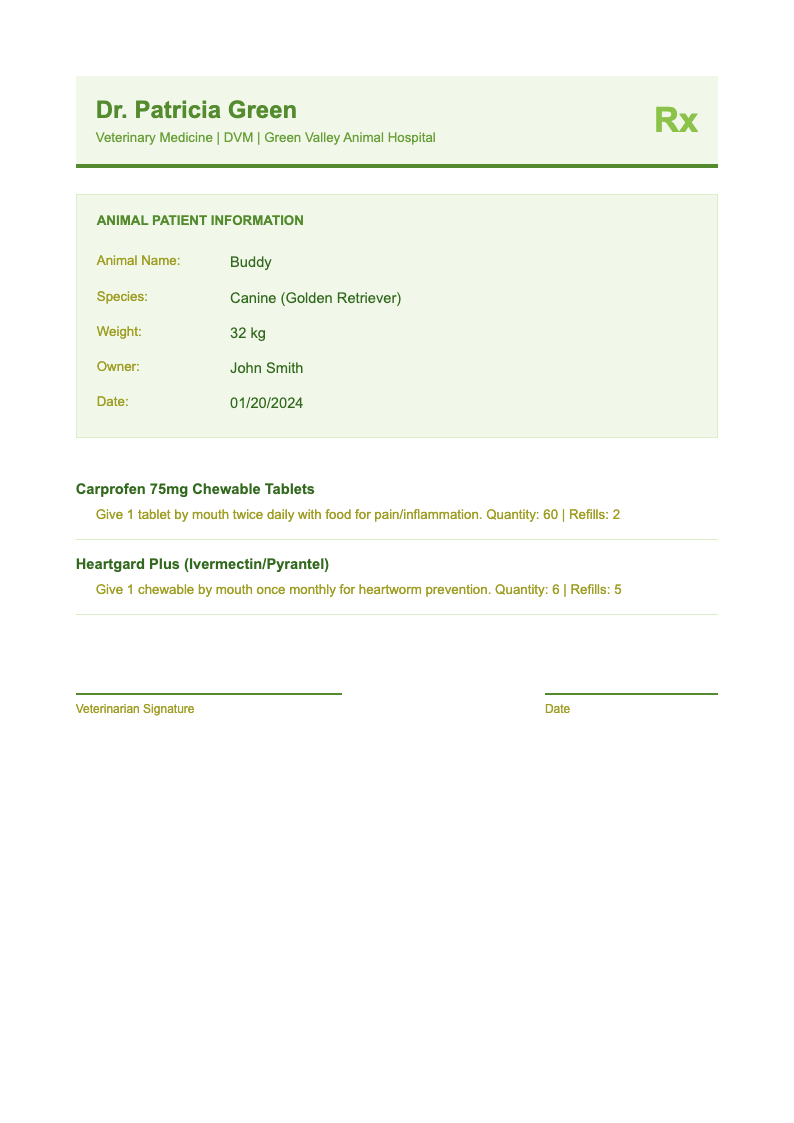 Veterinary prescription form
